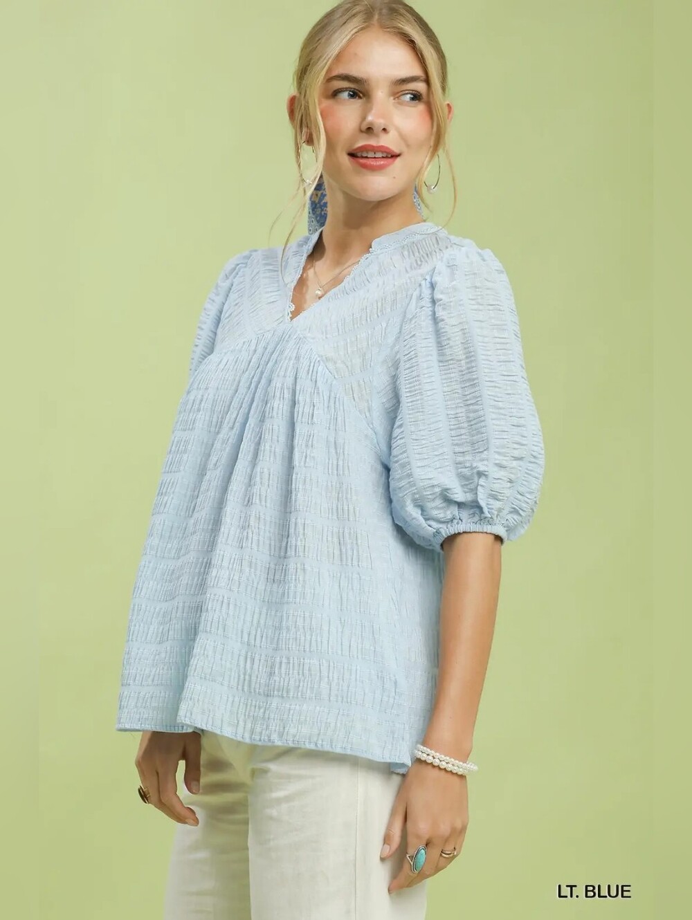 Umgee Light Blue Textured V-Neck Puff Sleeve Top - Women - Picture 3 of 7